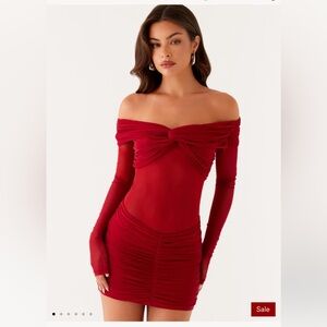 Peppermayo Jules Off-Shoulder Red Ruched Bodycon Dress in Raspberry - NWT